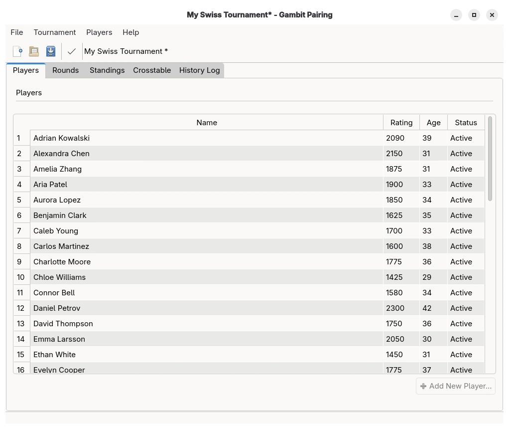 Gambit Pairing player management screen showing player names, ratings, ages, and status